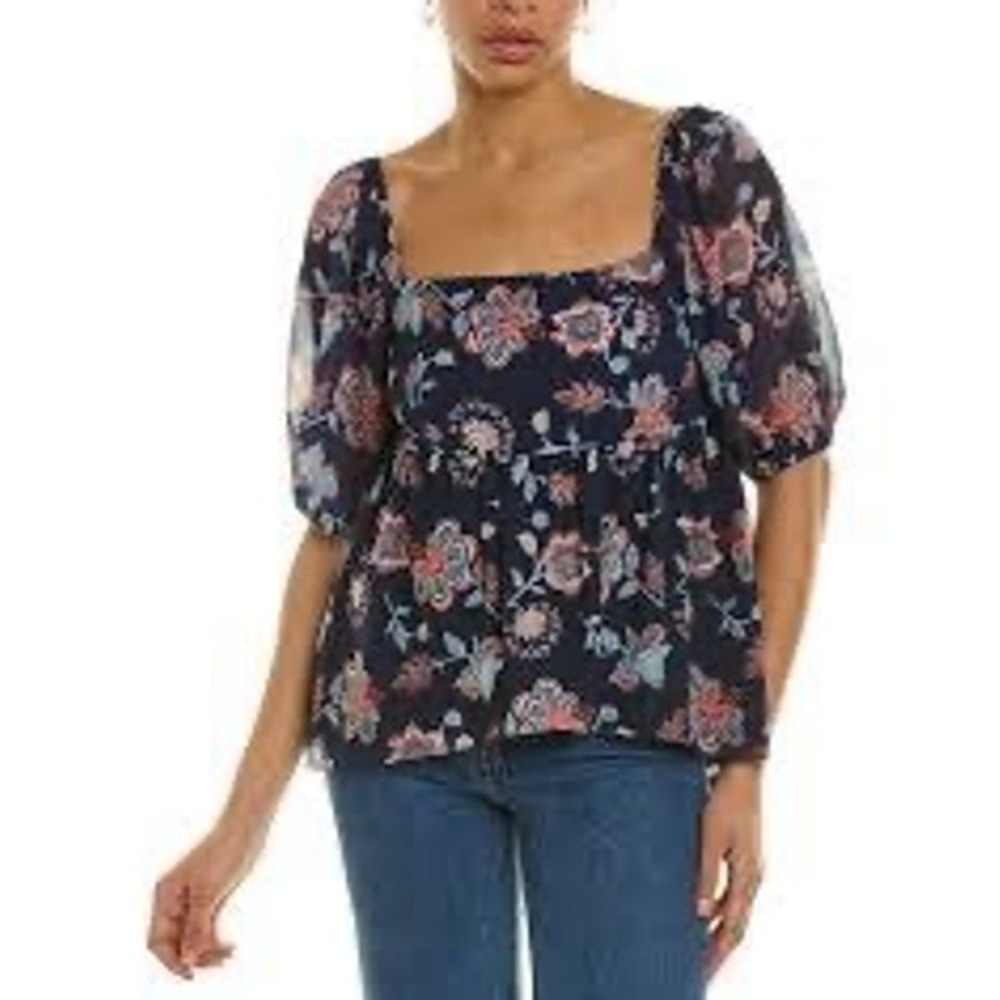 Sachin & Babi Lindsay Navy Floral Smocked Babydoll Top Puff‎ Sleeve Tiered M